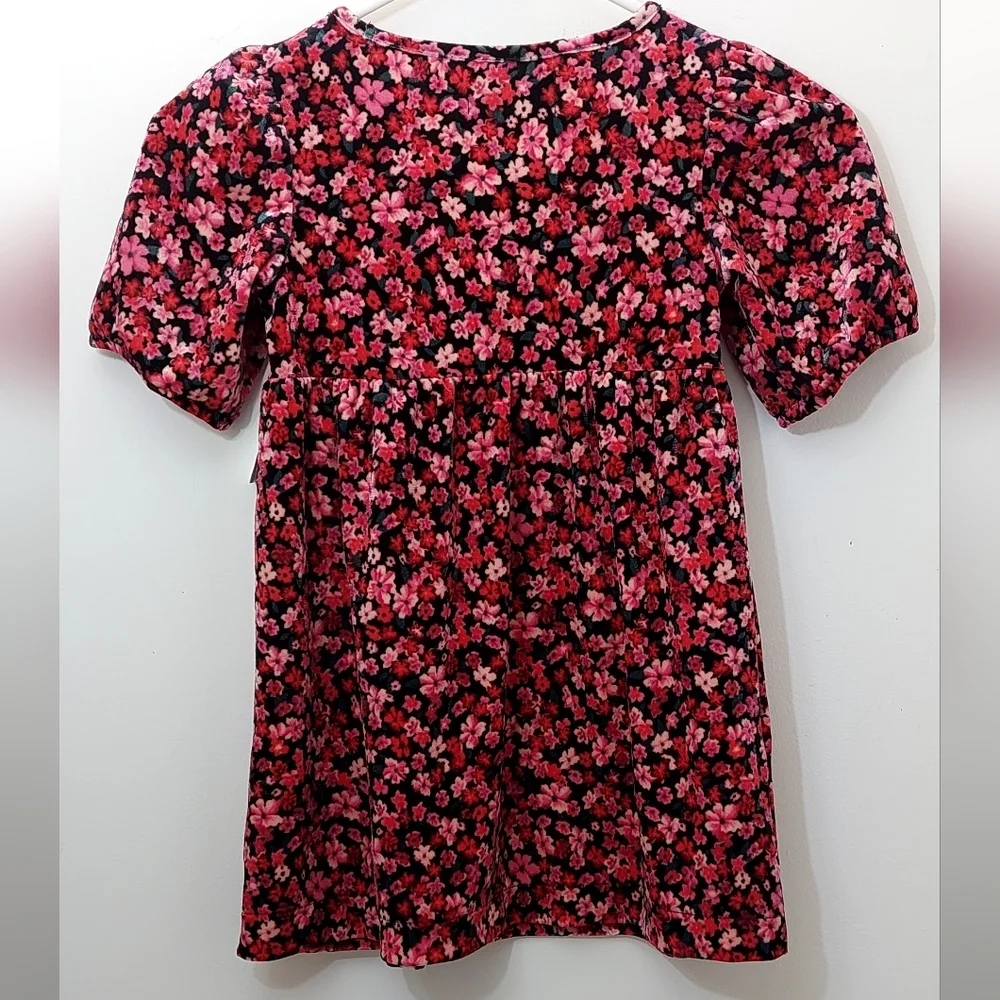 Old Navy Girl's Size XS 5 Puff Sleeve Dress Velour Cozy Black Red Pink
